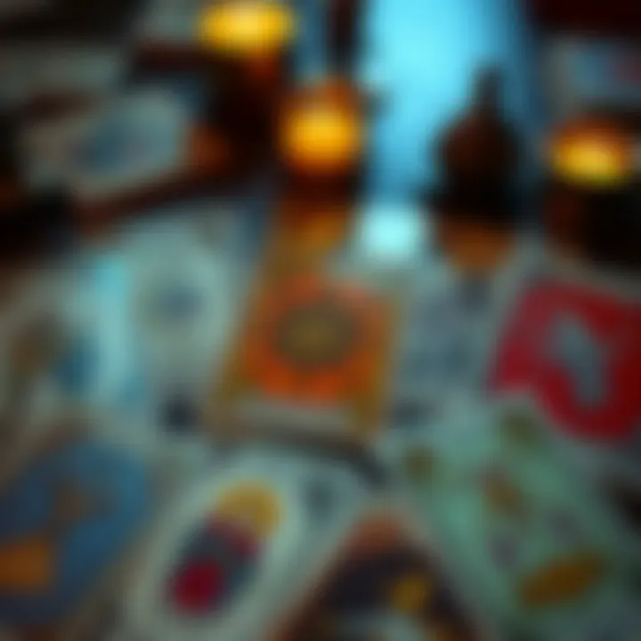 A spread of tarot cards showing the 9 of Pentacles among other cards, suggesting decisions about texting a crush