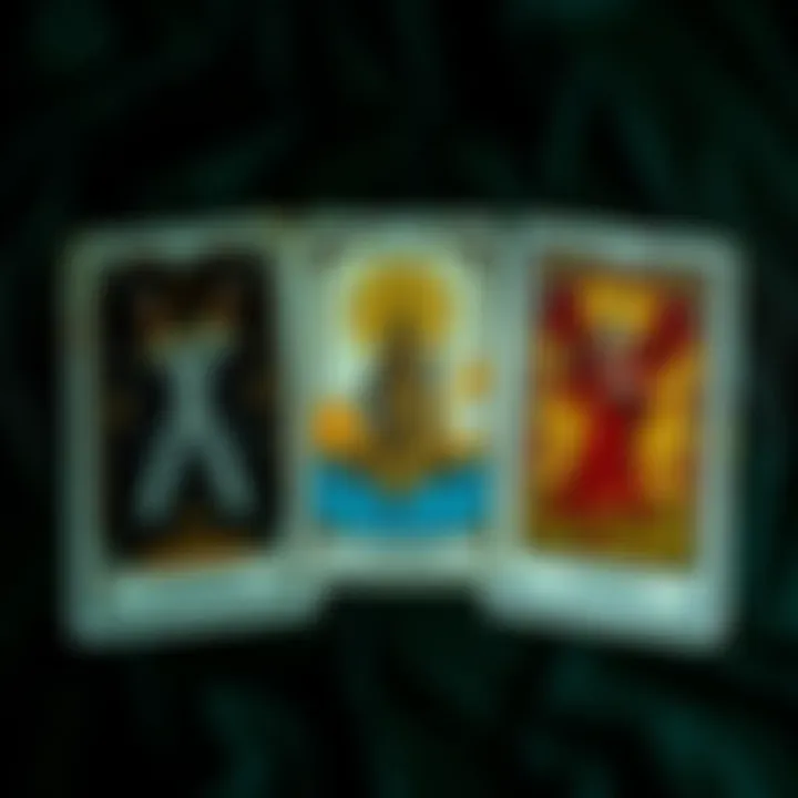 A tarot card spread showing the Reverse Two of Swords, The Tower, and the Page of Pentacles, indicating past struggles, current challenges, and future success.