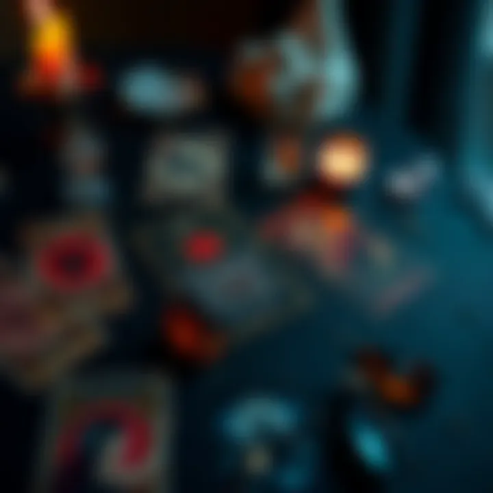 A spread of tarot cards on a table, showing various symbols representing emotions and inner conflict, with a candle and crystals nearby.