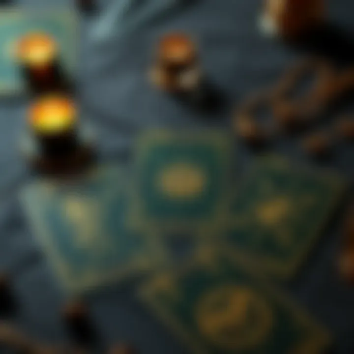 A spread of three tarot cards with mystical symbols on a table, inviting people to ask questions for a reading.