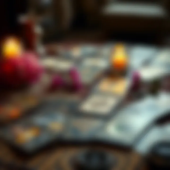 A spread of tarot cards on a table with a candle and flowers beside them, suggesting a search for insights and clarity.