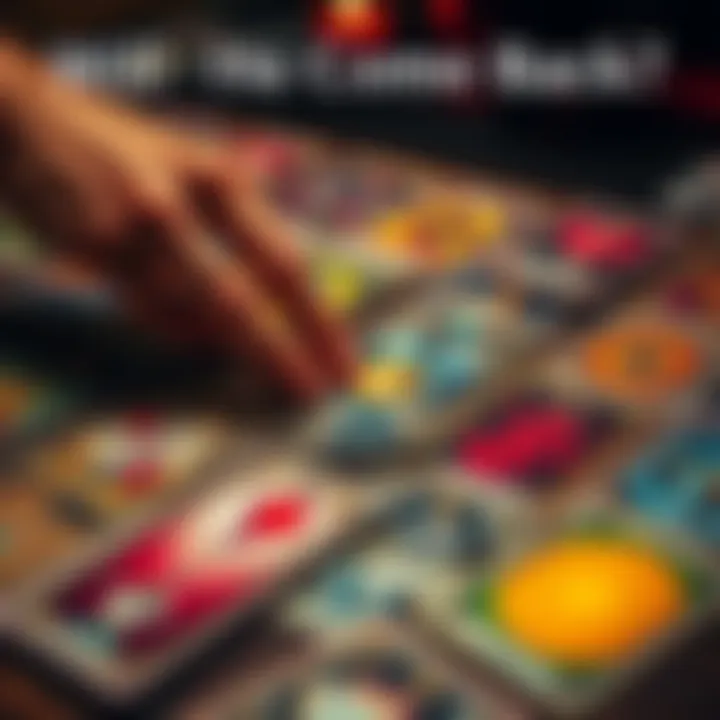 Tarot Cards Spread A colorful spread of tarot cards on a table, with a person's hand reaching for a card, symbolizing predictions and insights.