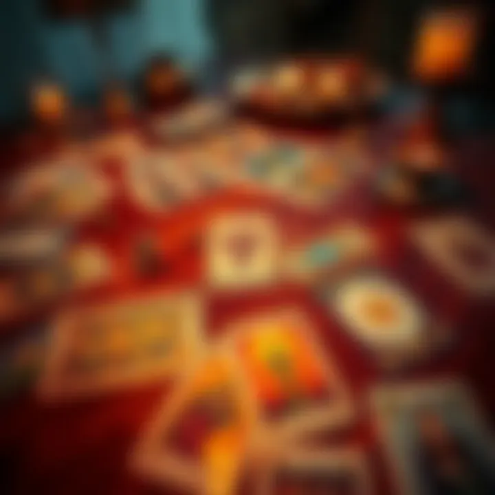 A collection of tarot cards laid out on a wooden table, showing various symbols and images for a reading.