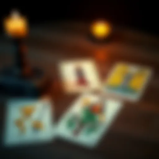 A spread of tarot cards featuring 2 of Cups, Ace of Cups, and The Tower on a wooden table, with a lit candle nearby