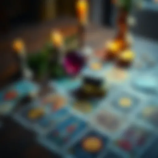 A colorful spread of tarot cards with a crystal ball and candles on a wooden table, suggesting insight and guidance on fame and success.