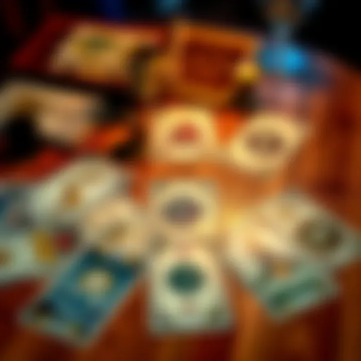 A collection of tarot cards laid out on a wooden table, showcasing different symbols and imagery.