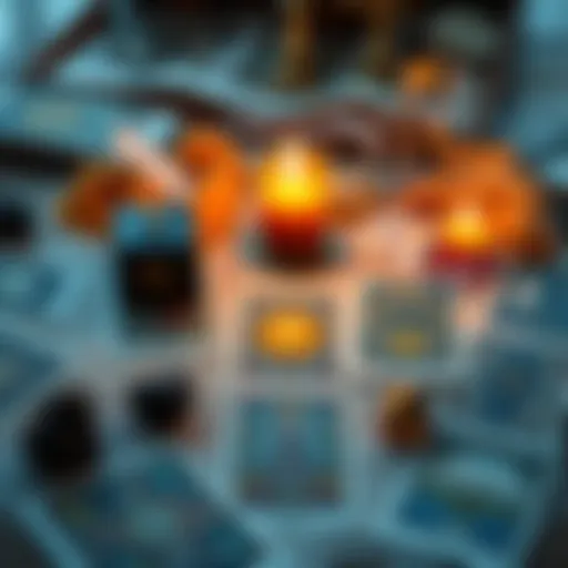 A set of Tarot cards laid out on a table with a candle and crystals, symbolizing introspection and life insights.