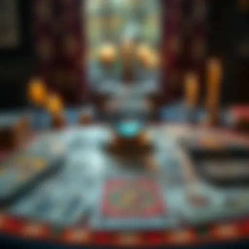 A spread of tarot cards on a table with a crystal ball and candles in the background, symbolizing tarot readings for guidance.