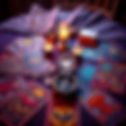 A spread of colorful tarot cards on a table with a candle and crystals, inviting people for a reading.