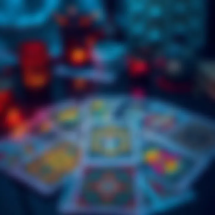 A spread of colorful tarot cards with a mystical atmosphere