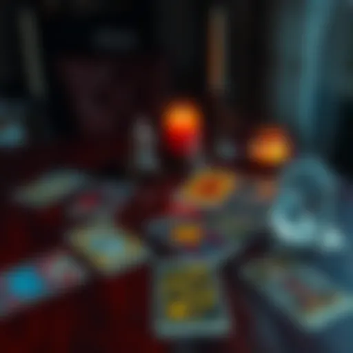 A set of colorful tarot cards laid out on a wooden table, with a lit candle and a crystal nearby, creating a mystical atmosphere