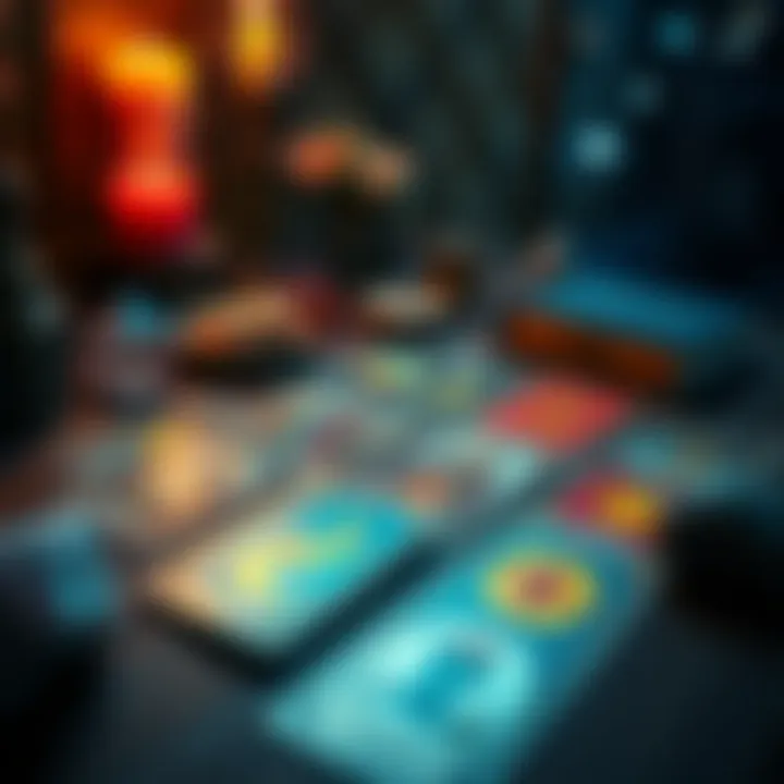 A spread of colorful tarot cards on a wooden table, with crystals and candles nearby, creating a mystical atmosphere for readings