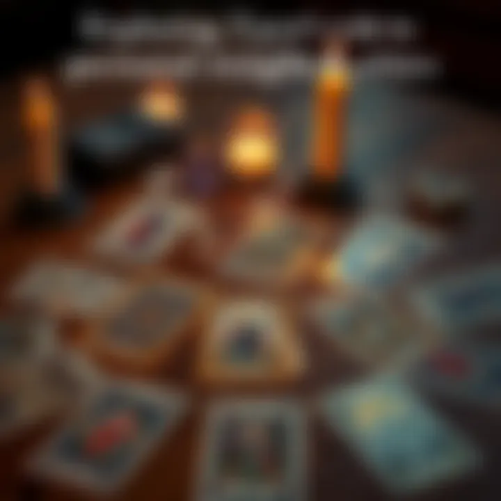 A spread of tarot cards on a wooden table with a candle and crystals beside them, illustrating personal insight and ethics in tarot readings.