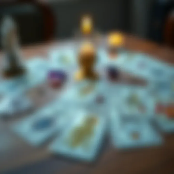 A set of tarot cards spread out on a wooden table, with a candle and crystals nearby, suggesting a reading about feelings.