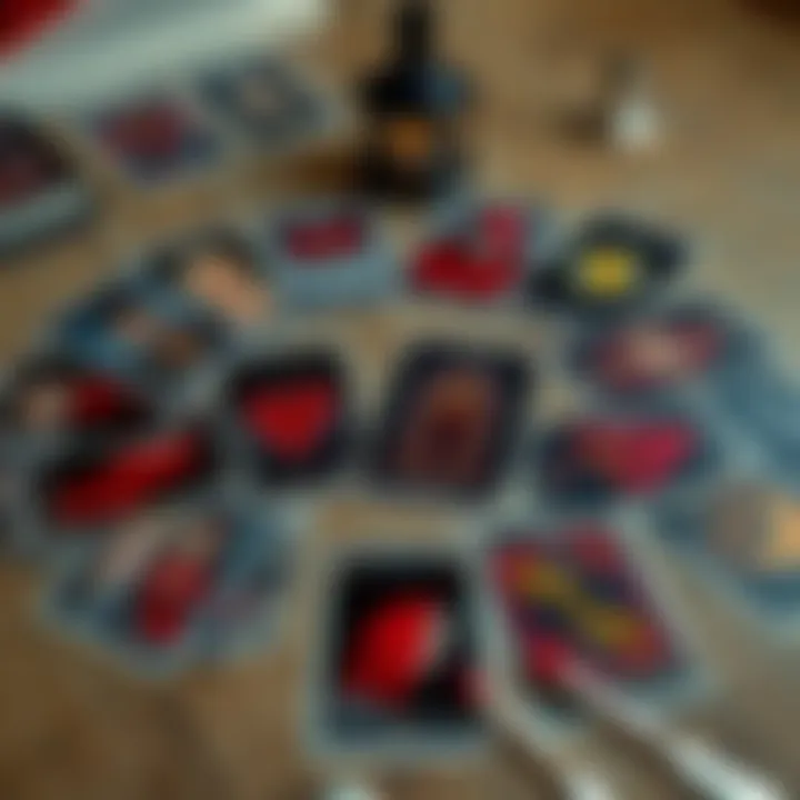 A spread of Tarot cards from the Gothic Horror Deck laid out on a table, indicating possible emotions and intentions in a romantic context.
