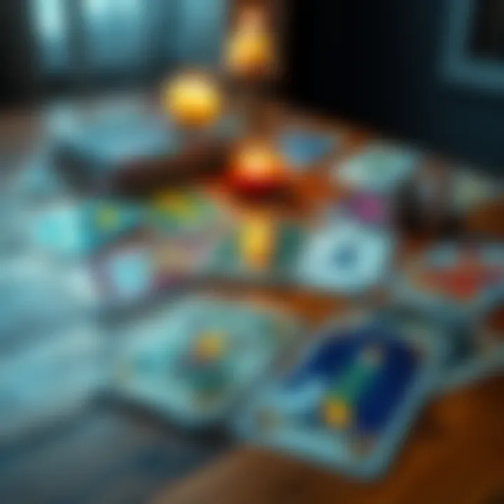 A spread of colorful tarot cards laid out on a wooden table, with a candle and crystals nearby, symbolizing personal growth and insights.