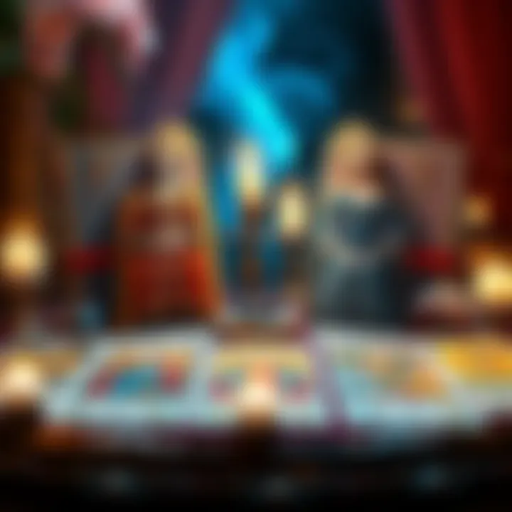 Tarot Cards Spread A spread of tarot cards including The Emperor and Empress on a table with candles and crystals, symbolizing romance and friendship
