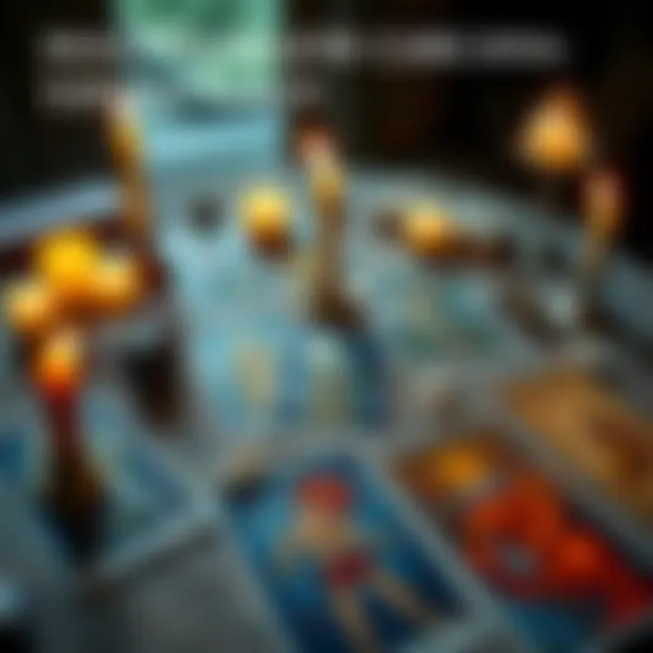 A spread of Major Arcana tarot cards on a table with candles and crystals around them.