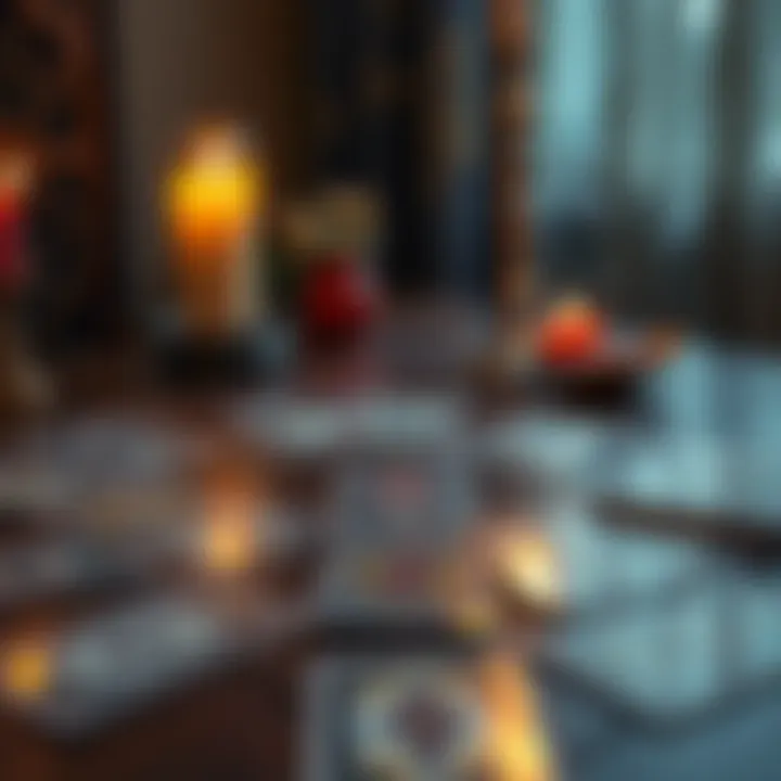 Tarot Cards Spread on a Table A spread of tarot cards laid out on a wooden table with a candle in the background, reflecting a tarot practitioner's uncertainty about readings.