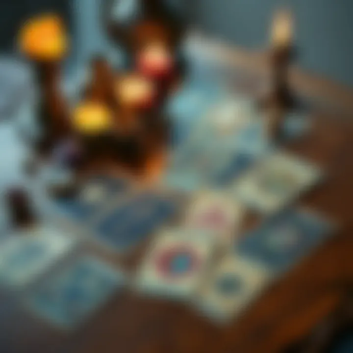 A collection of tarot cards spread out on a wooden table, showing different symbols and images, with a candle and crystals nearby.