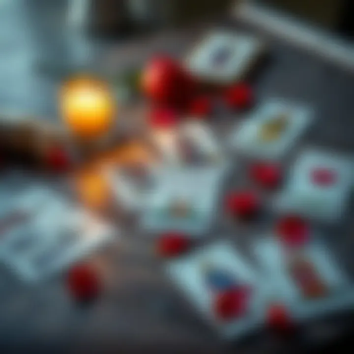 Tarot cards spread on a table A spread of tarot cards on a wooden table with a candle and rose petals, reflecting themes of love and decision-making in a breakup.