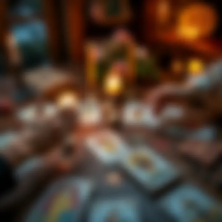 A spread of tarot cards on a wooden table, with a person’s hands reaching out, reflecting on friendship and connections issues, surrounded by candles and a cozy atmosphere.