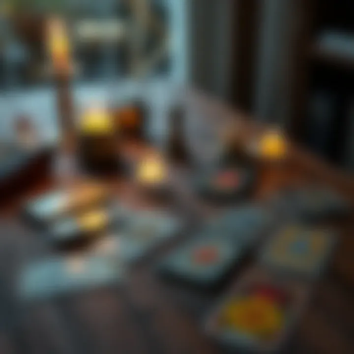 An arrangement of tarot cards on a wooden table, with a candle and crystals nearby, suggesting a reading session about feelings and relationships.