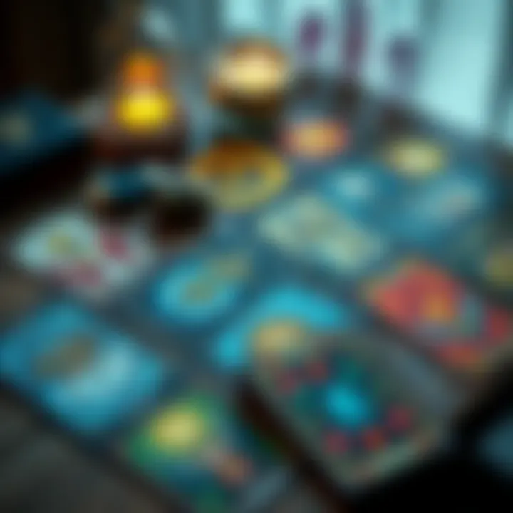 A spread of colorful tarot cards on a wooden table with a candle and crystals nearby