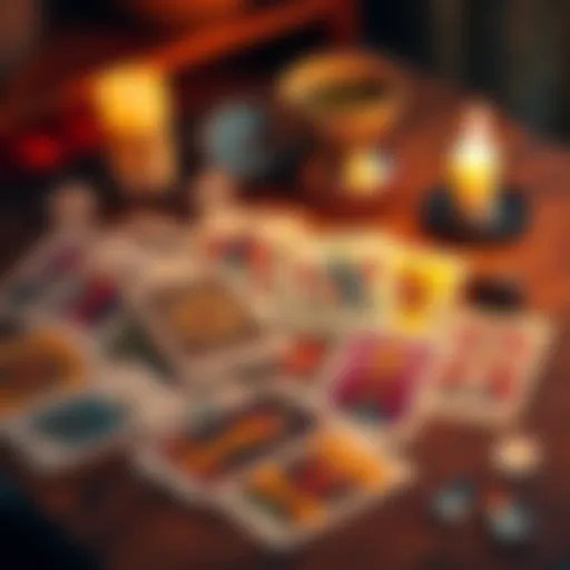 A spread of colorful Tarot cards on a wooden table with a candle and crystals nearby