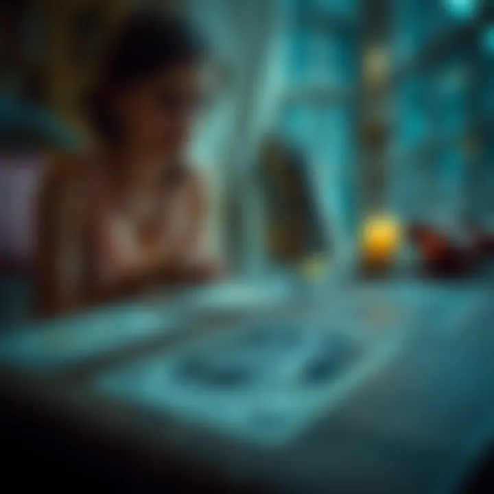 A woman looking thoughtfully at a spread of tarot cards on a table, reflecting on her feelings after a breakup, with a candle and soft lighting in the background.