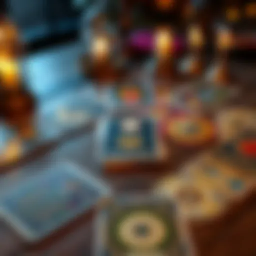 A spread of colorful tarot cards on a wooden table with a mystical vibe
