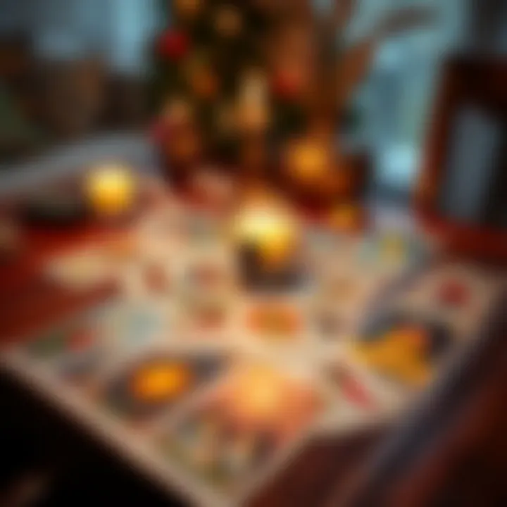 A colorful spread of tarot cards on a wooden table with a candle and crystals nearby