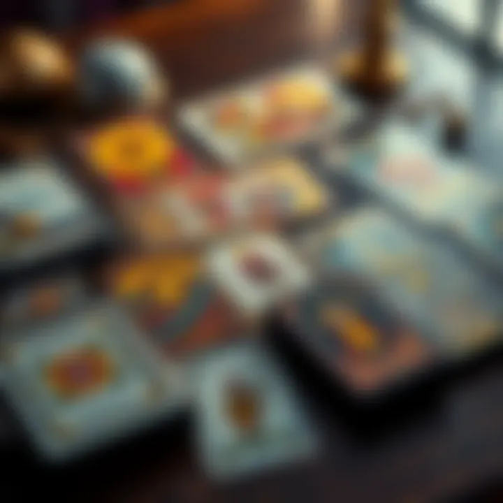 A colorful spread of tarot cards on a wooden table, inviting people to explore their future through free readings.