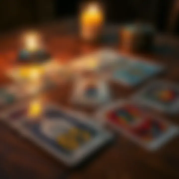 A close-up view of tarot cards laid out in a spread on a wooden table, with a candle flickering nearby, suggesting a reading session.