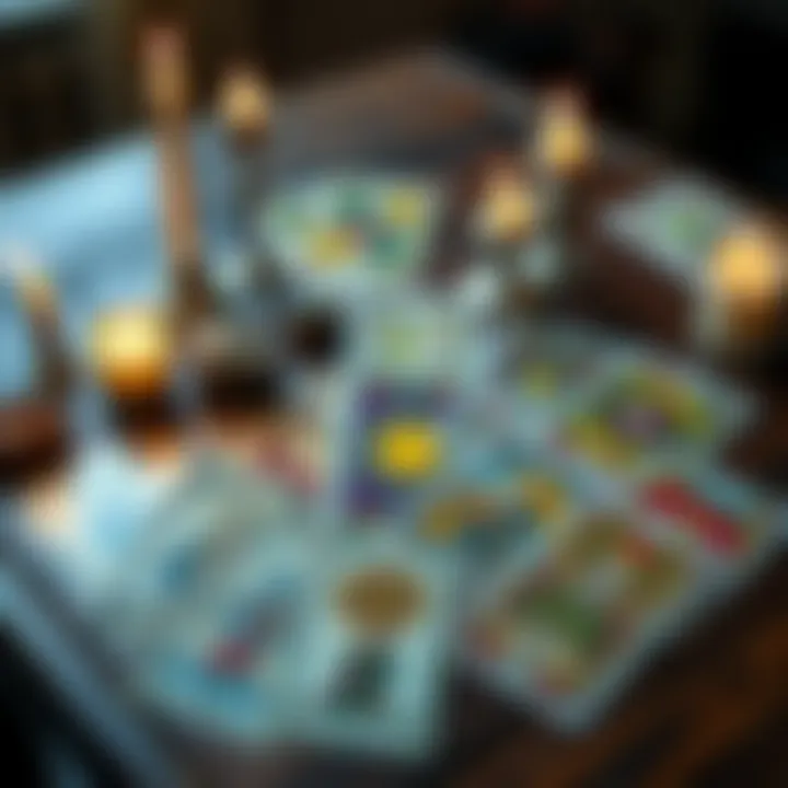 A set of colorful tarot cards laid out on a wooden table with candles and crystals nearby for a psychic reading
