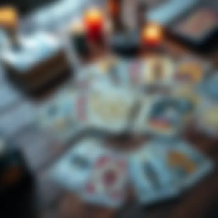 Tarot cards spread on a table A colorful layout of tarot cards on a wooden table, inviting interpretation and discussion