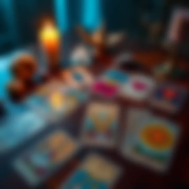 A colorful spread of Tarot cards on a wooden table with a candle and crystals nearby, symbolizing love and relationships