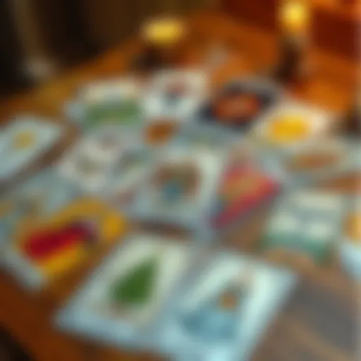 A set of tarot cards displayed on a wooden table, showing various symbols and images for direct reading.