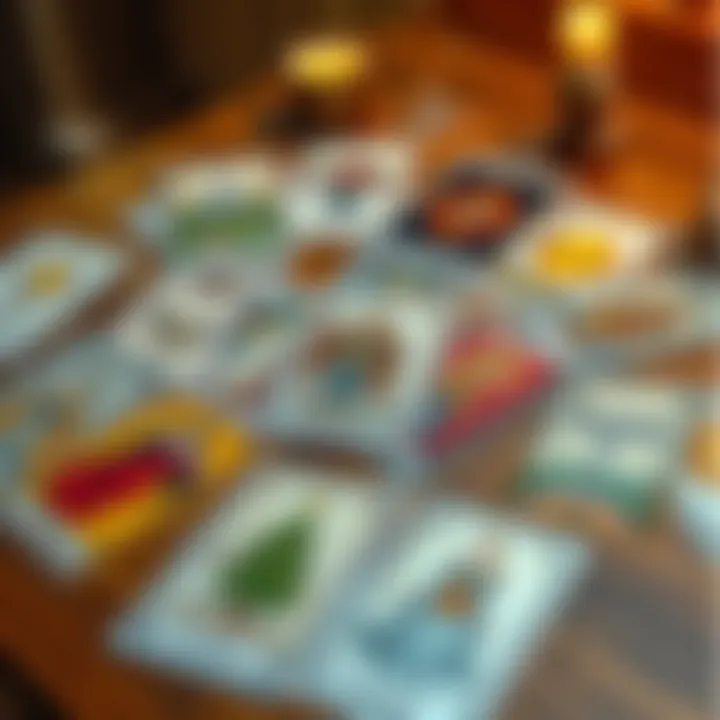 A set of tarot cards displayed on a wooden table, showing various symbols and images for direct reading.