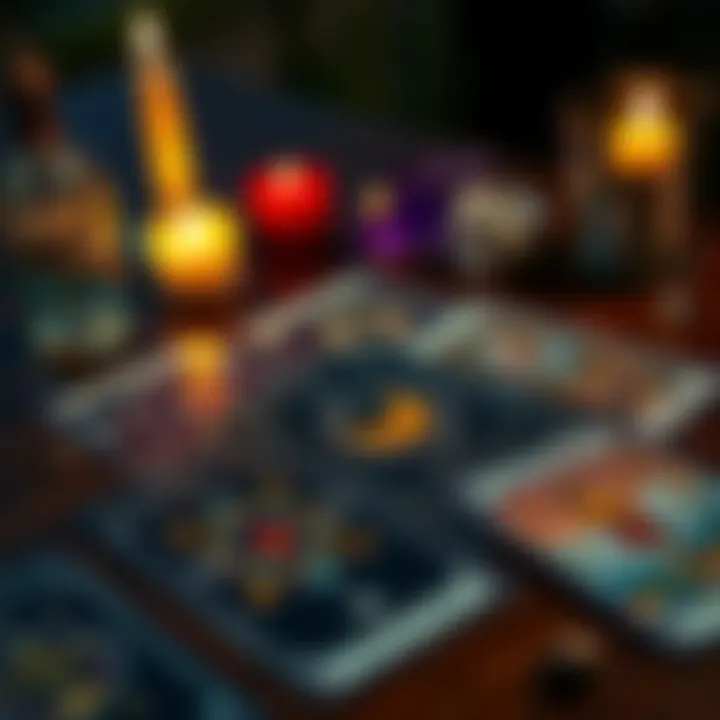 A spread of tarot cards with mystical symbols on a wooden table, surrounded by candles and crystals
