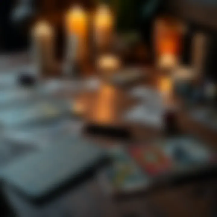 A collection of tarot cards laid out on a wooden table with candles and crystals nearby