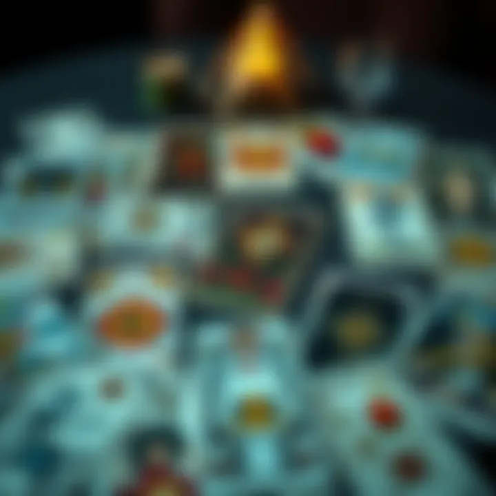 A table displaying various tarot cards, some cards are upside down, showing a mix of confusing images and symbols, inviting viewers to consider their interpretations.
