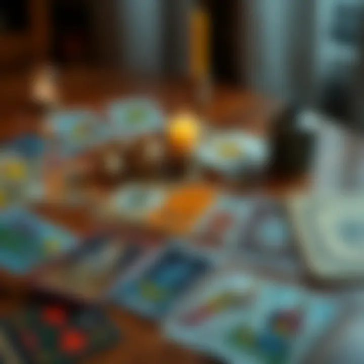 Tarot cards spread on a table A colorful spread of tarot cards on a wooden table with a candle beside them, inviting questions and insights.