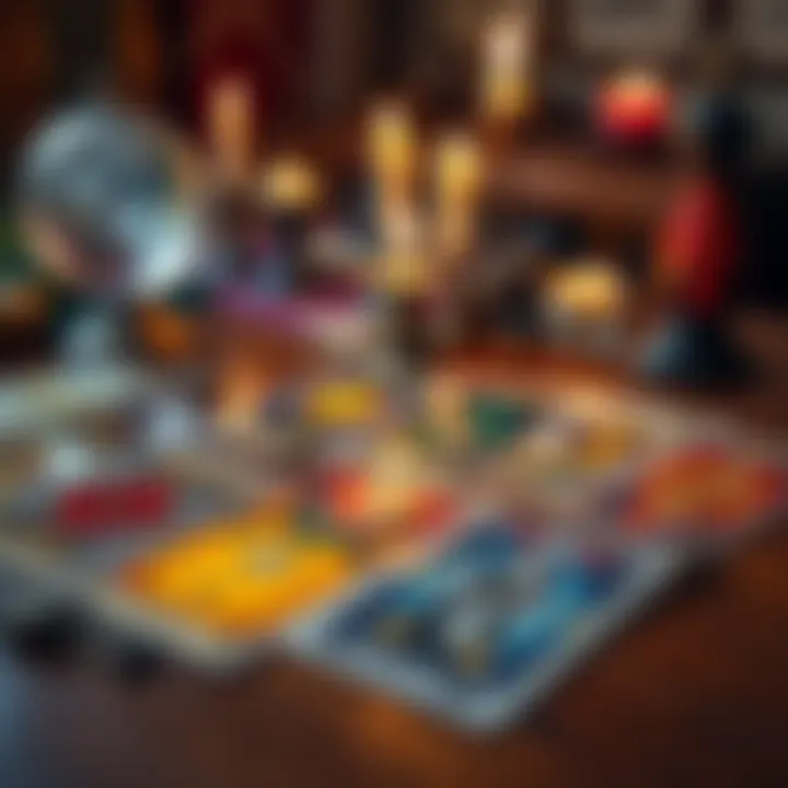 A selection of colorful tarot cards laid out on a wooden table, with a crystal ball and candles in the background.