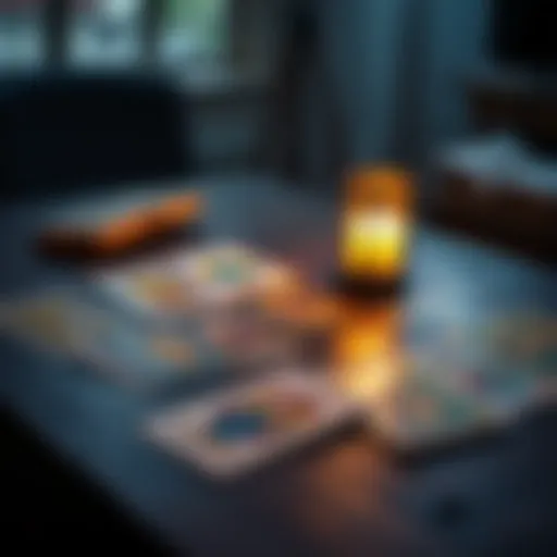 A set of colorful tarot cards spread out on a wooden table, with a lit candle beside them