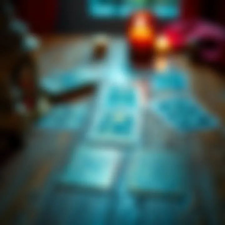 A set of tarot cards laid out on a wooden table, with a soft light illuminating them, evoking a sense of magic and insight.