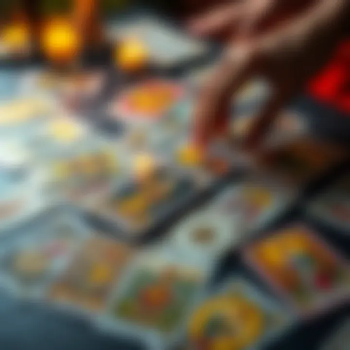 A spread of tarot cards with hands reaching for them, symbolizing community interaction and potential scams