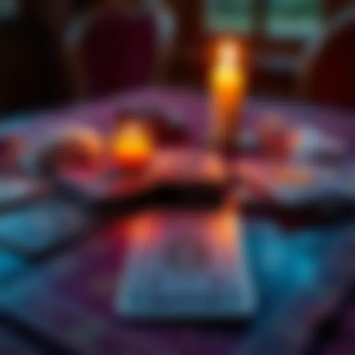 A set of tarot cards laid out on a table with a candle and crystals beside them
