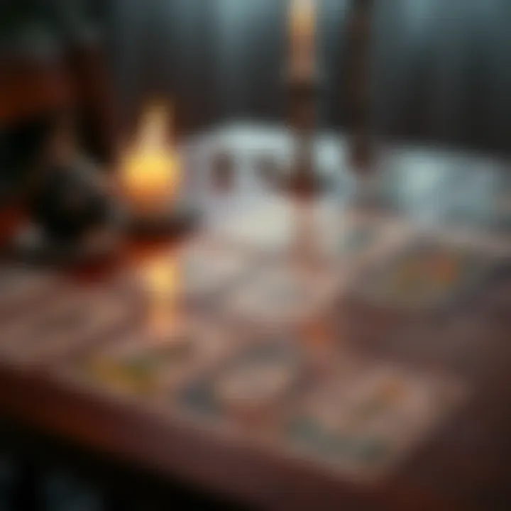 Tarot Cards on a Table A set of tarot cards laid out on a wooden table with a lit candle nearby, creating a calm atmosphere for reading.
