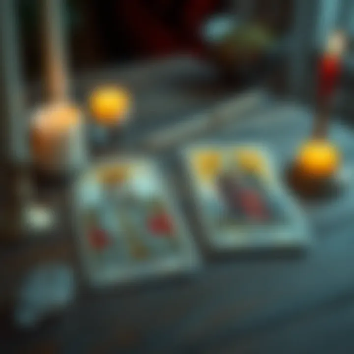 A close-up of tarot cards including the Empress and Death, placed on a wooden table with candles and crystals around them.